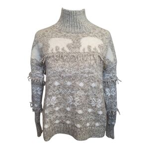 LOFT Tan and Cream Turtleneck Sweater With Polar Bears Fringe Detailing